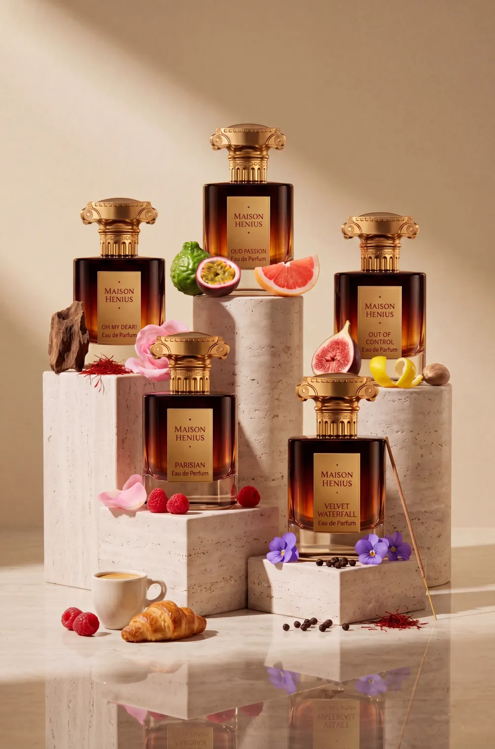 The Maison Henius Beyond Borders collection - five amber bottles on travertine pedestals