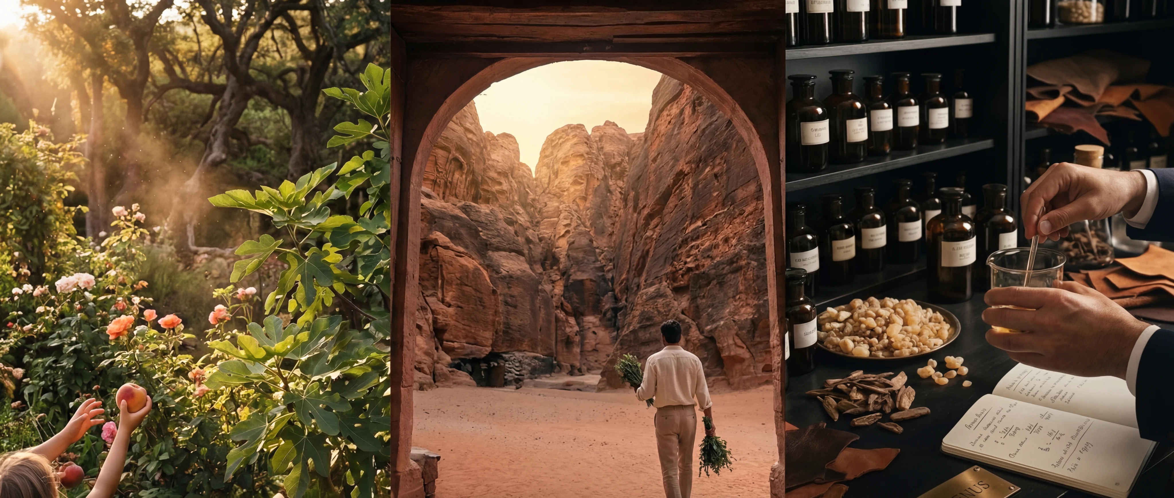 Triptych - Garden, canyon walk, and the Perfumer's Atelier